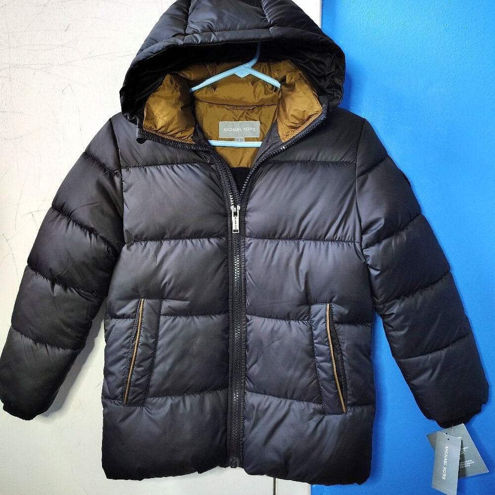 NWT Michael Kors Boy's Hooded Black-Gold Puffer Jacket Size 8 Recycled Materials